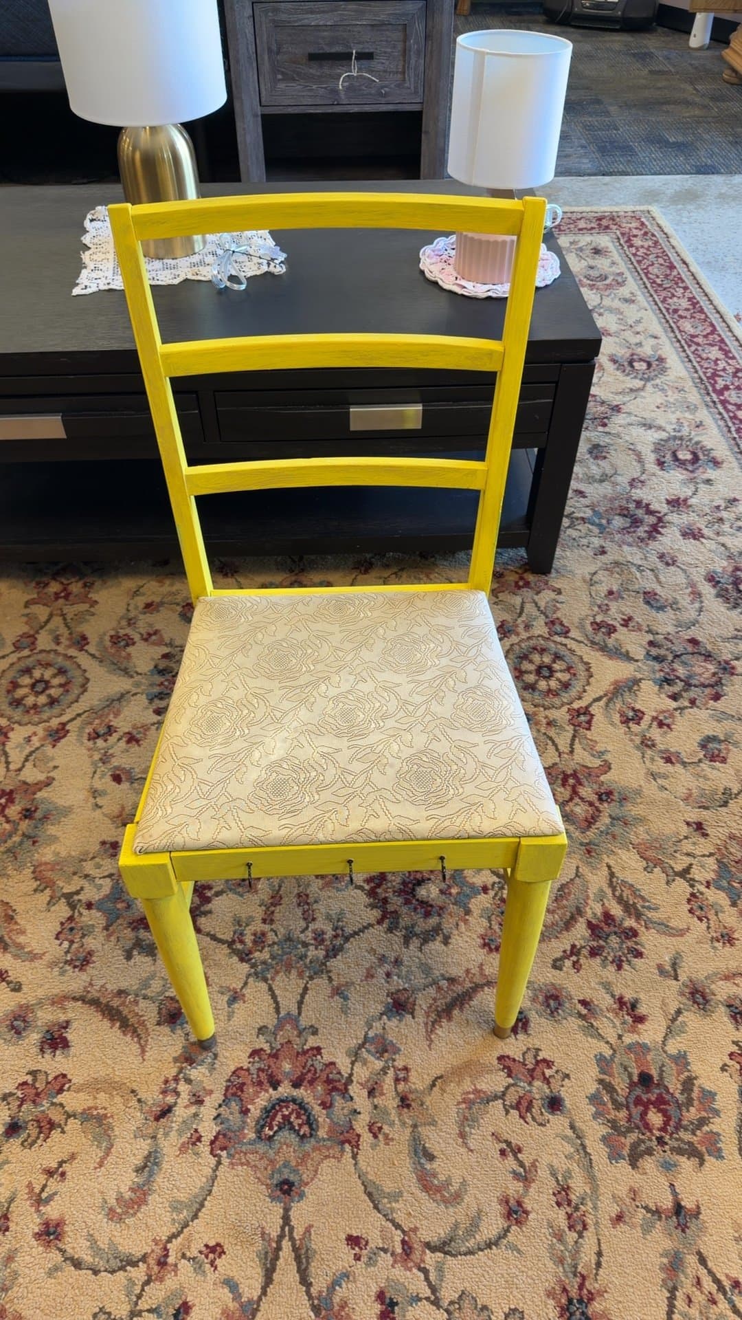 Yellow Wooden Dining Chair with Patterned Cushion - Image 1