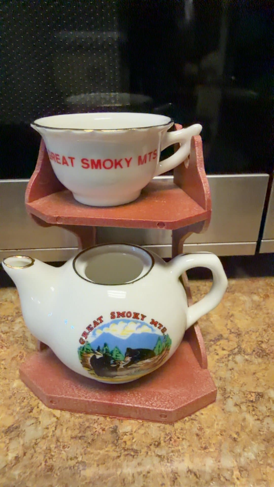 Vintage Great Smoky Mountains Miniature Teapot and Cup Set with Wooden Display Stand - Image 1