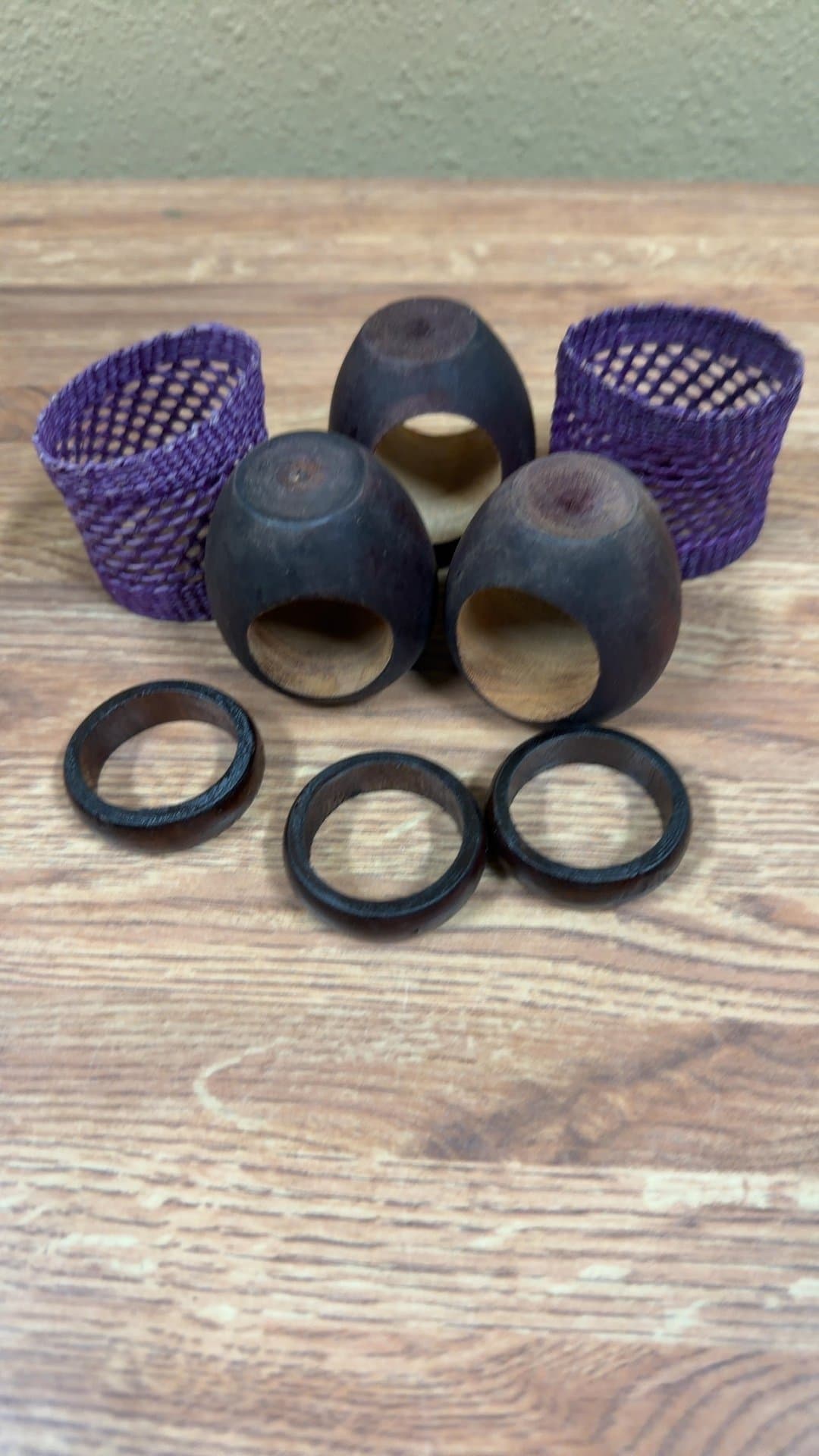 Wooden Napkin Rings with Purple Mesh Holders - Image 1