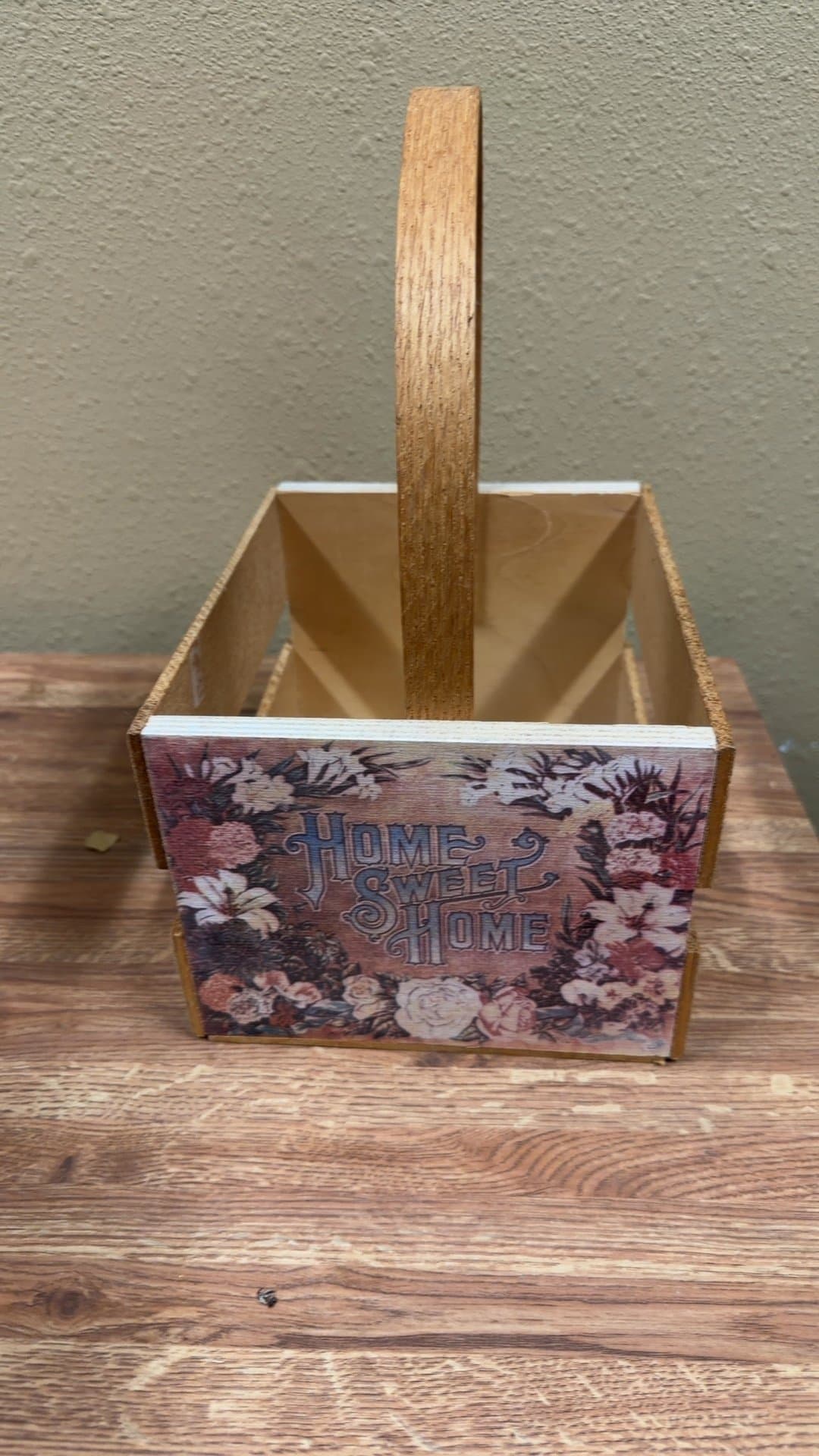 Wooden Decorative Basket with 'Home Sweet Home' Design - Image 1
