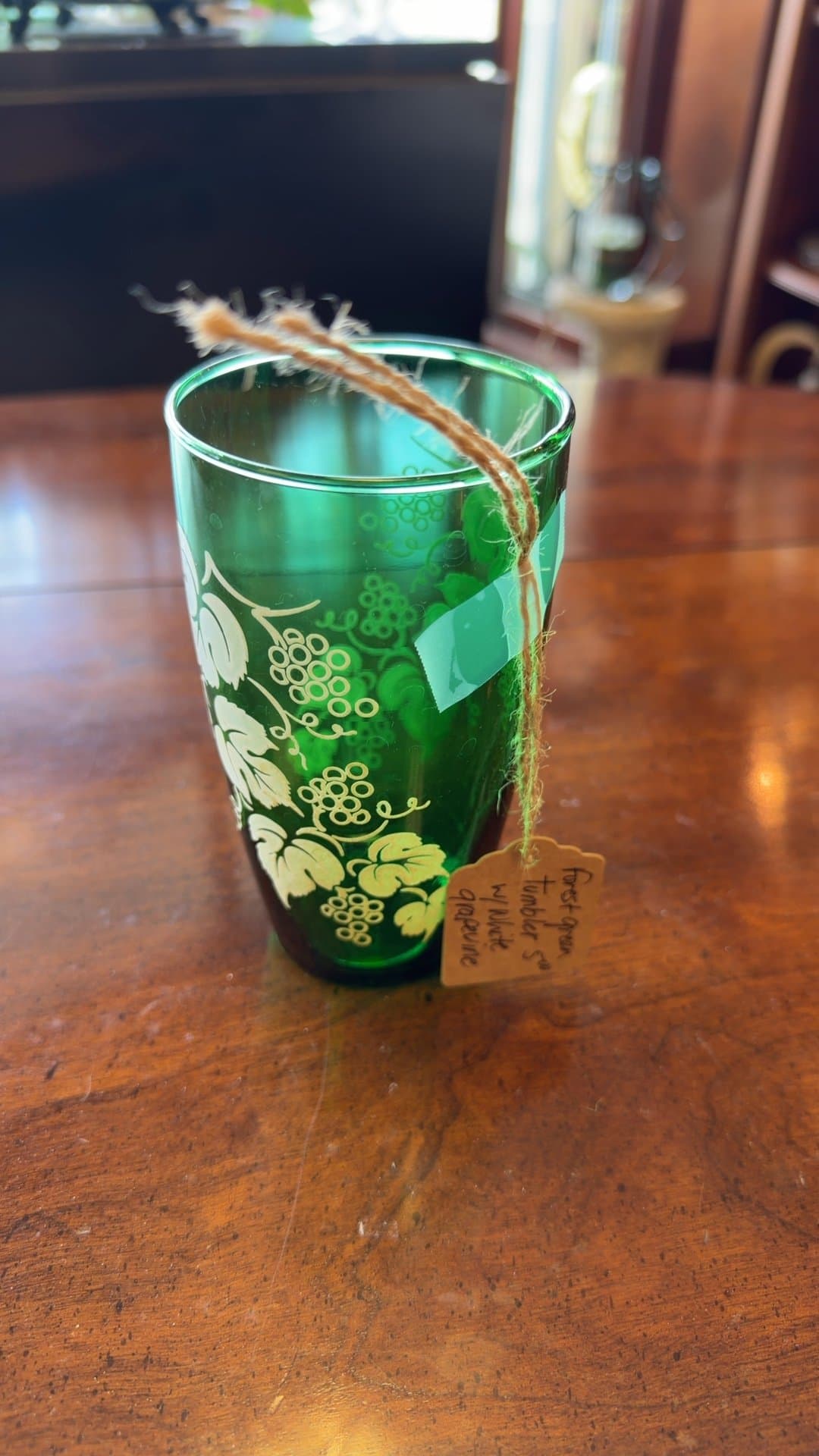 Vintage Green Glass Tumbler with White Grapevine Design - Image 1