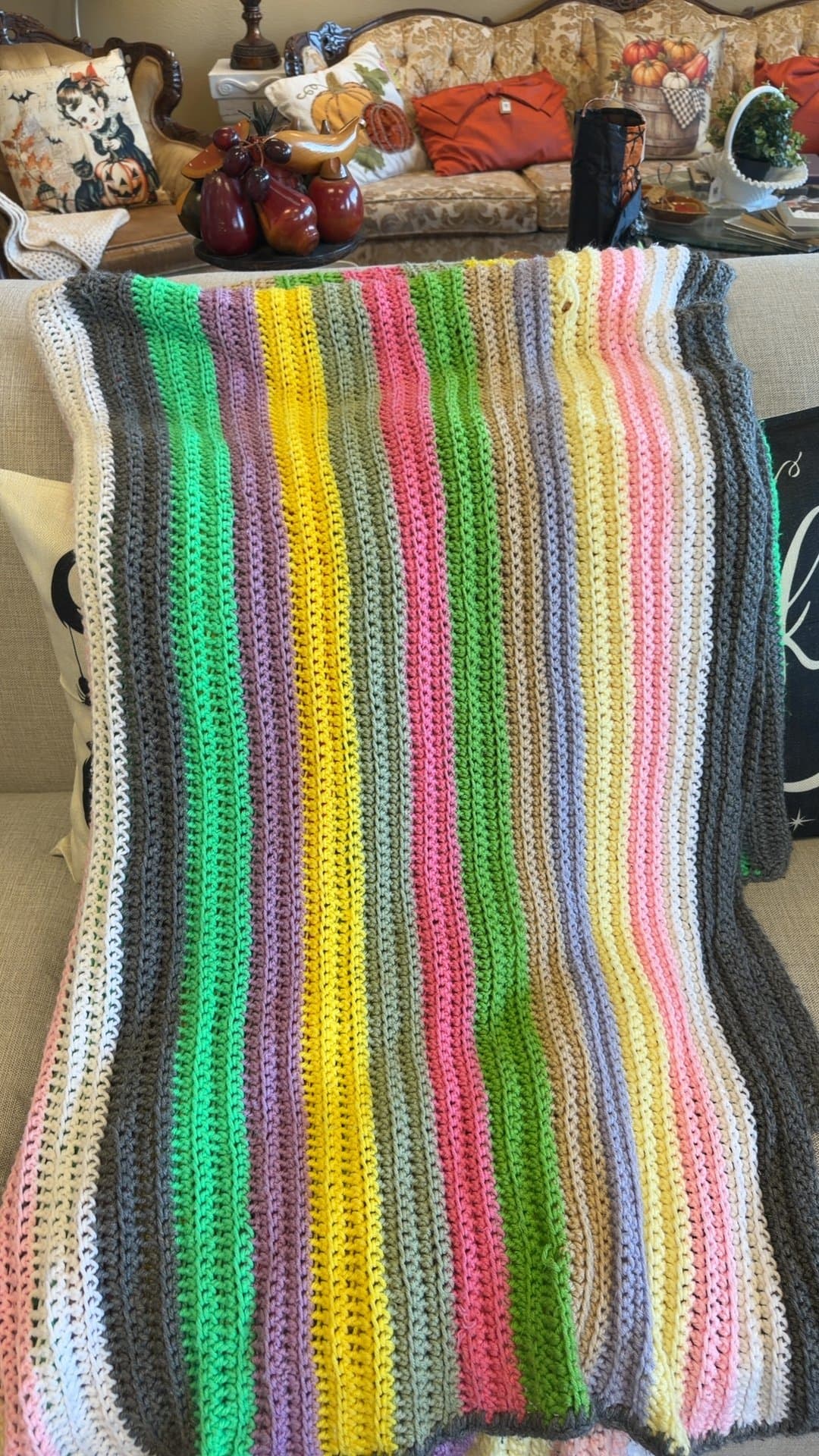 Handmade Crocheted Multi-Color Striped Throw Blanket - Image 1