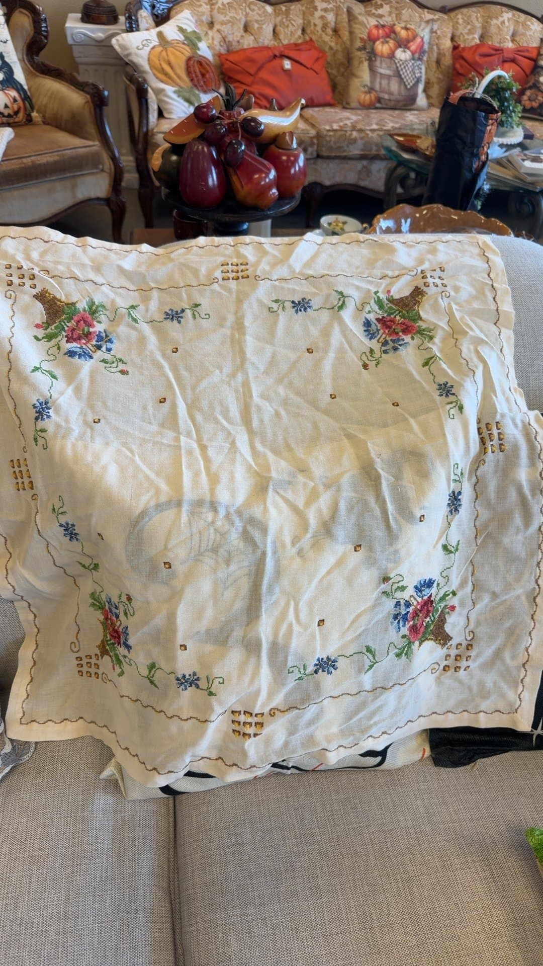 Vintage Hand-Embroidered Floral Table Linen Topper - Image 1
