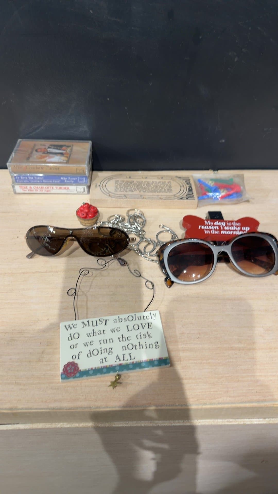 Assorted bag of items, includes;Small Wooden Inspirational Hanging Wall Sign, sunglasses and more - Image 1