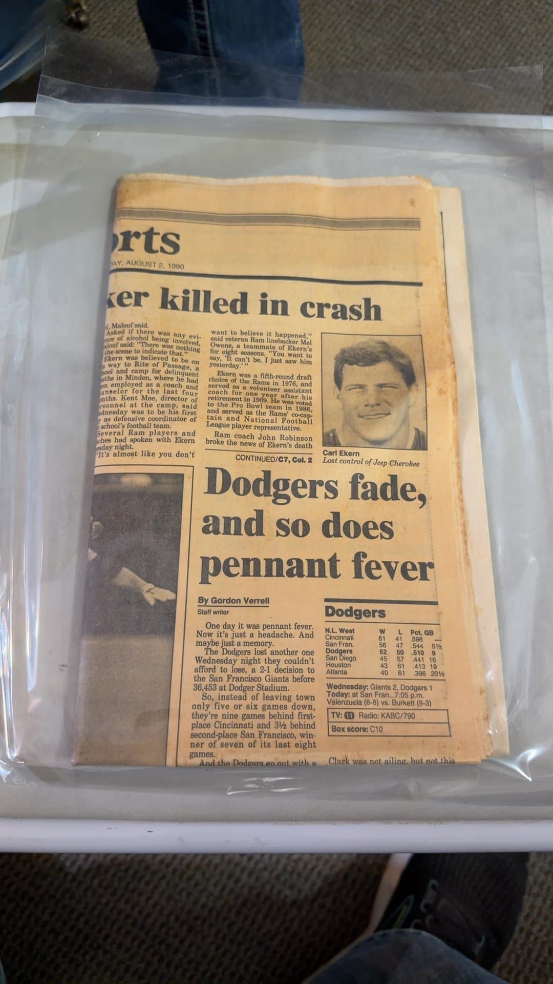 1990 Newspaper Clippings - Carl Ekern and Dodgers - Image 1