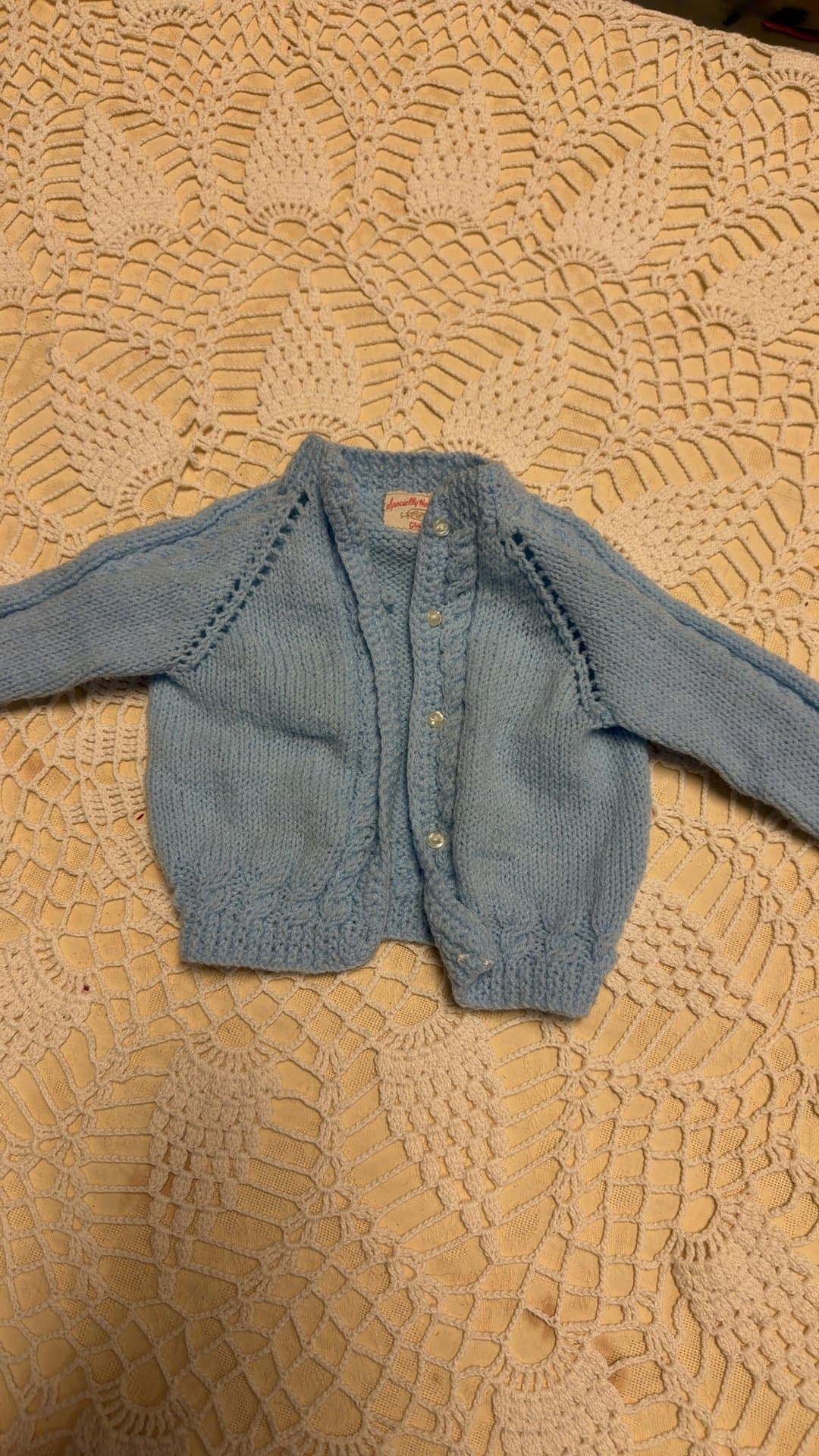Handmade Vintage Light Blue Knitted Baby Cardigan Sweater - Image 1
