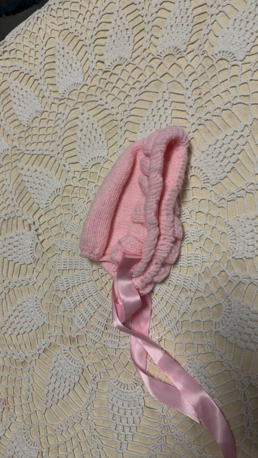 Vintage 1950's Hand-Knitted Pink Baby Bonnet with Satin Ribbon Ties - Image 1