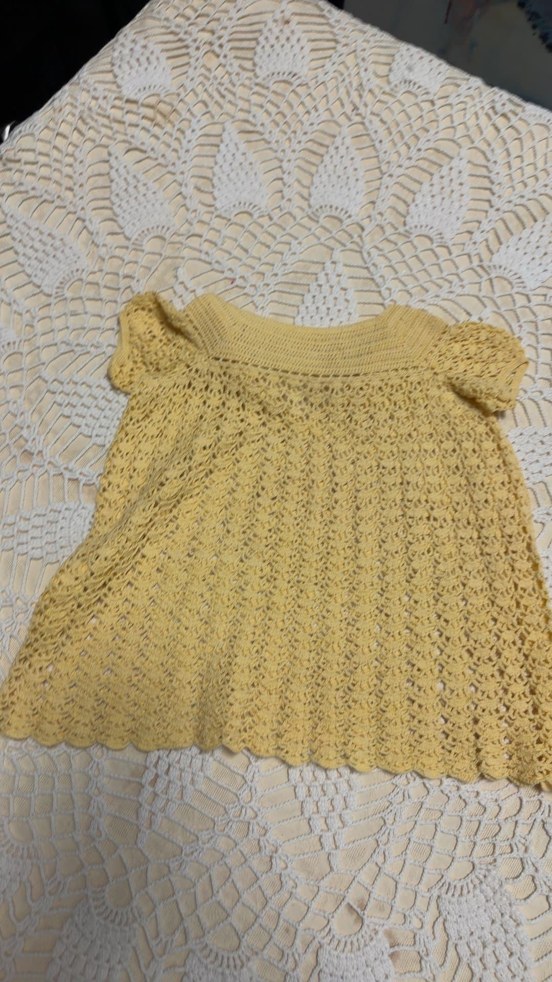 Vintage 1950's Hand-Crocheted Yellow Baby Dress - Image 1