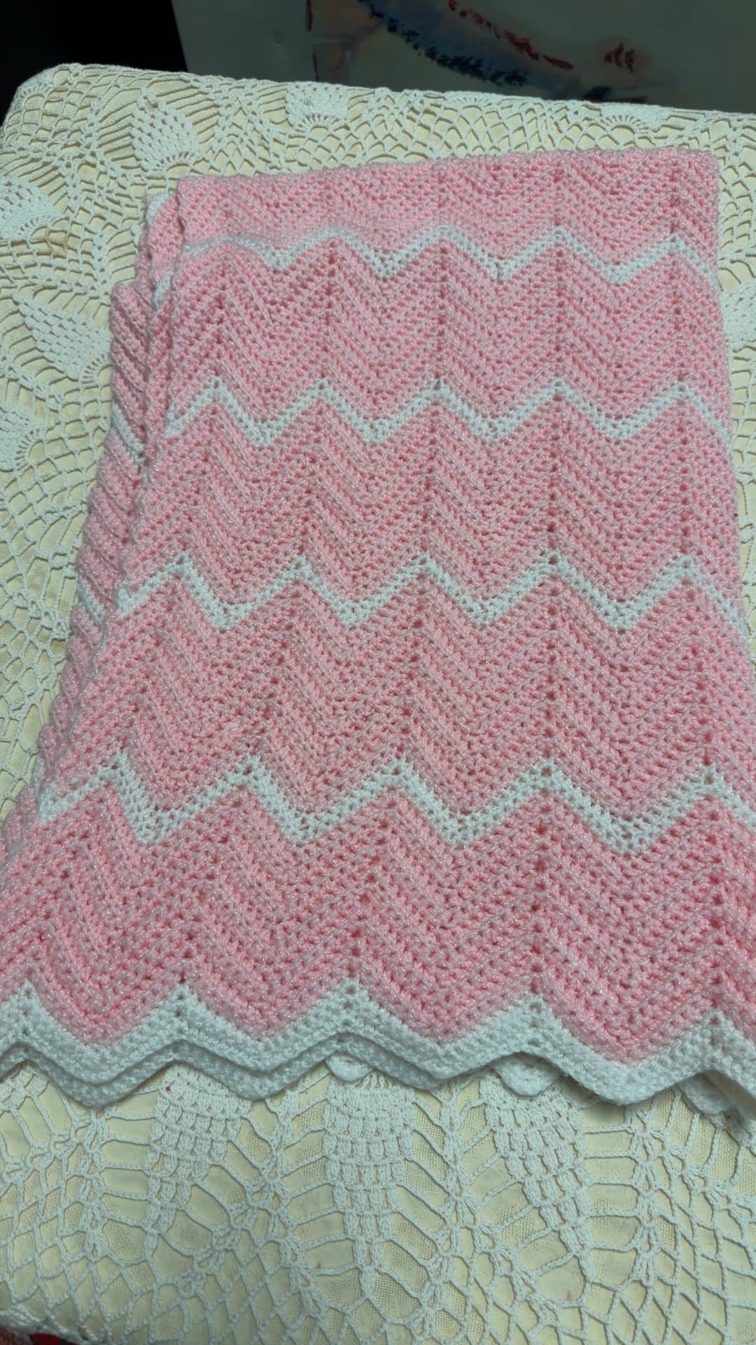 Vintage Pink and White Hand-Crocheted Chevron Baby Blanket - Image 1