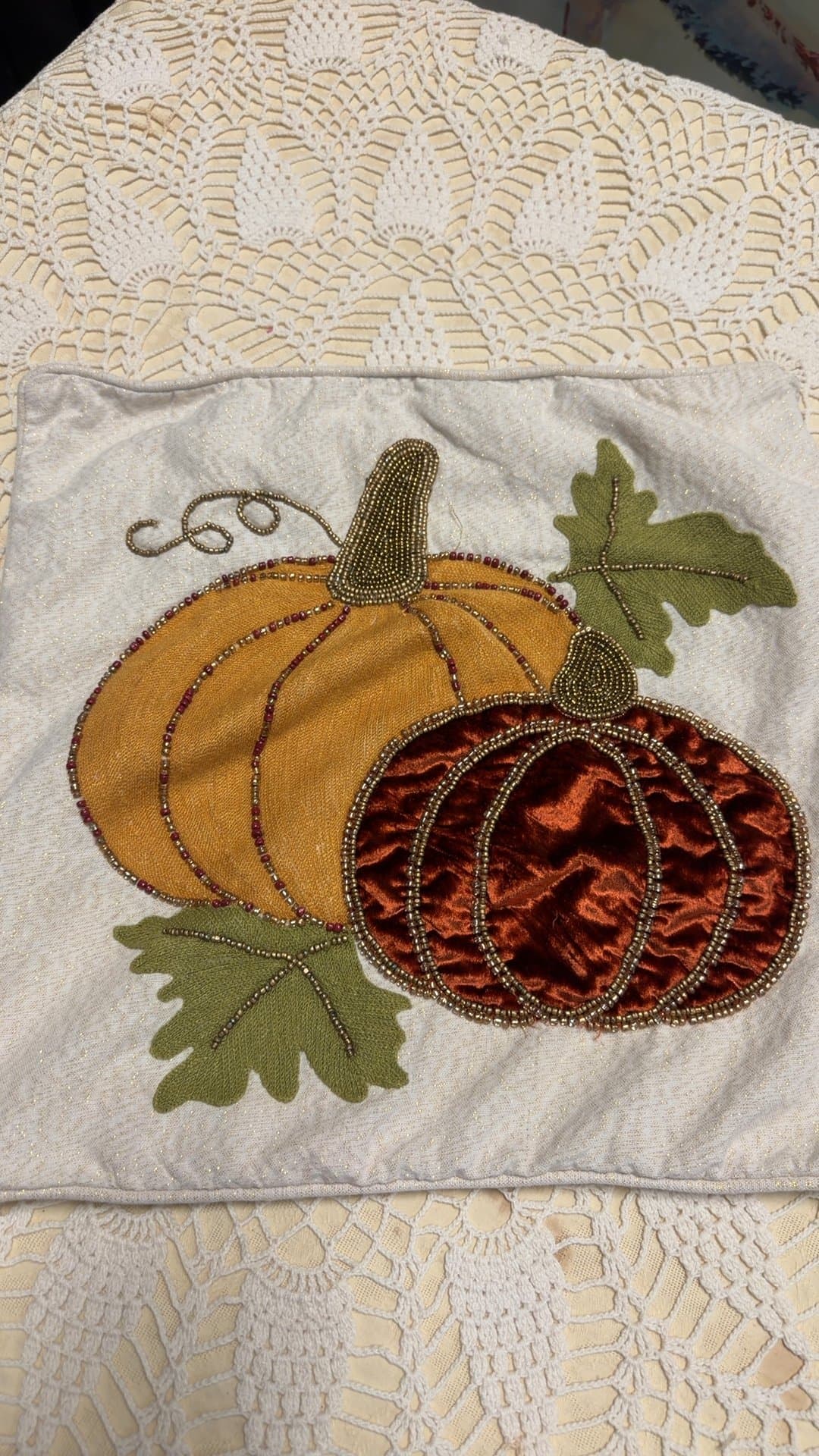 Beaded Fall Pumpkin Decorative Throw Pillow - Image 1