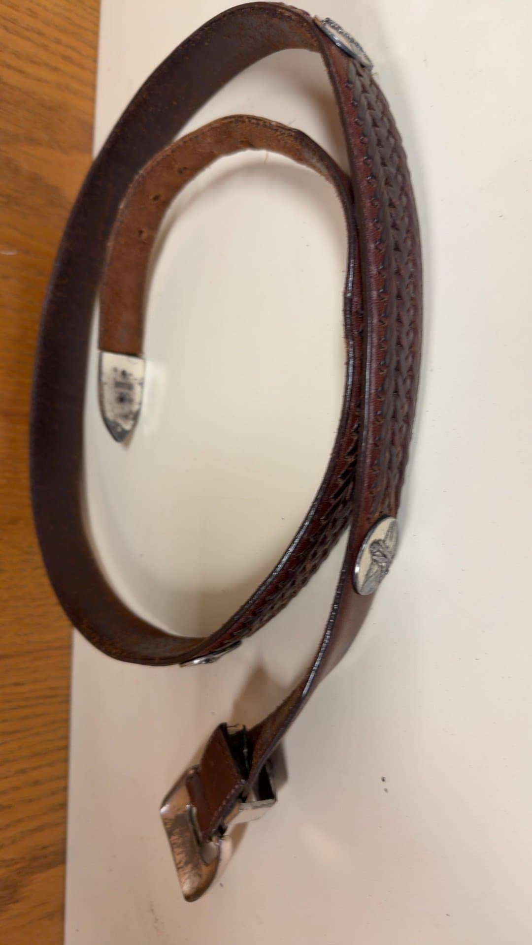 Vintage Leather Belt with Silver Buckle and Golf Theme Metal Decor - Image 1