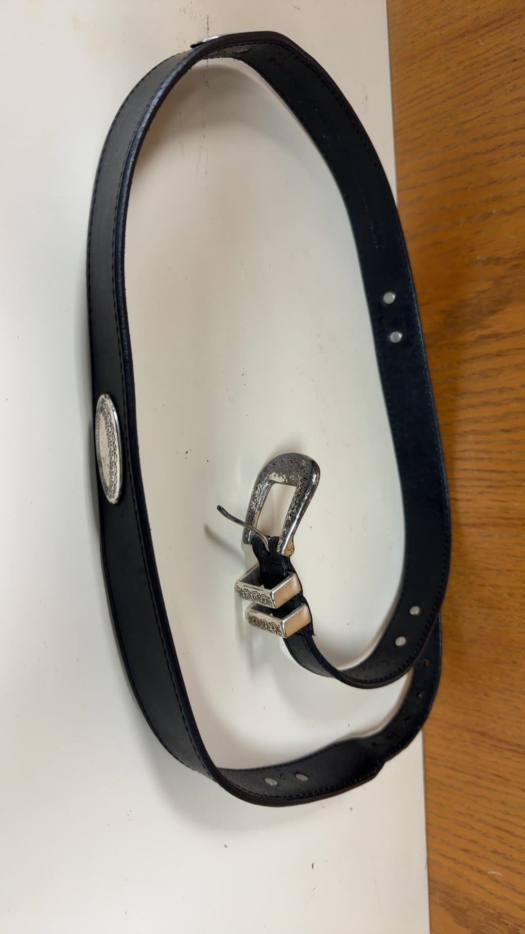Black Leather Belt with Engraved Silver Buckle - Image 1