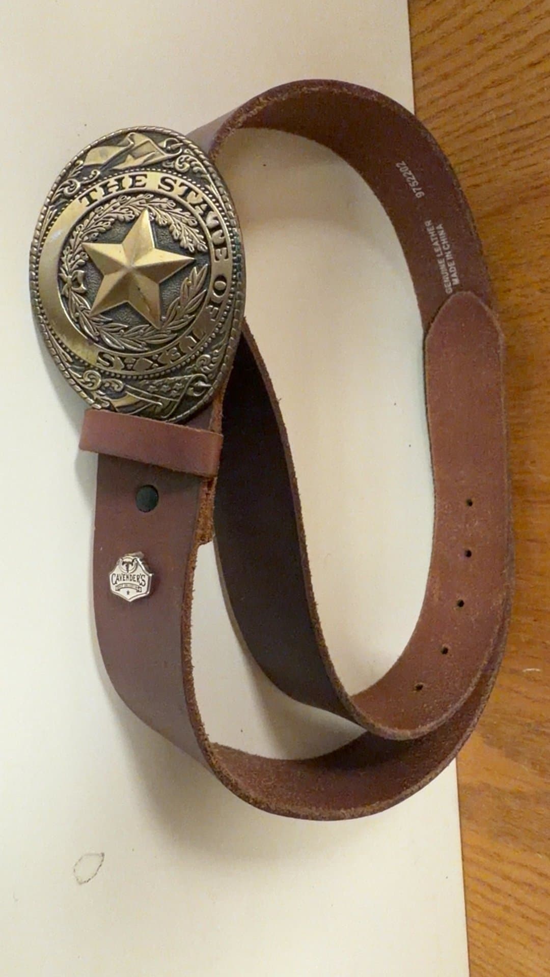 Cavender's Leather Belt with Texas State Buckle - Image 1