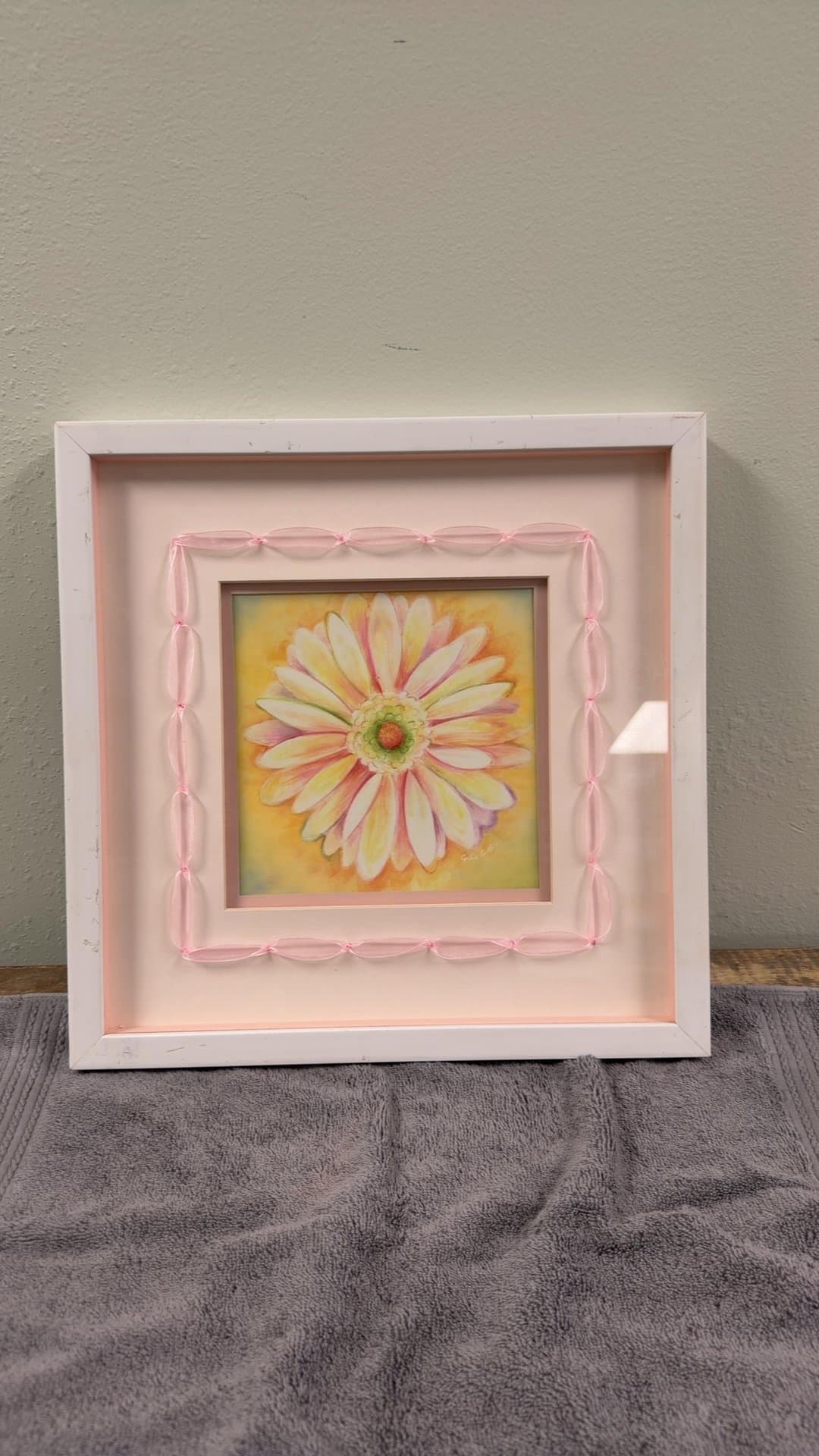 Framed Floral Artwork with Pink Ribbon Detail - Image 1