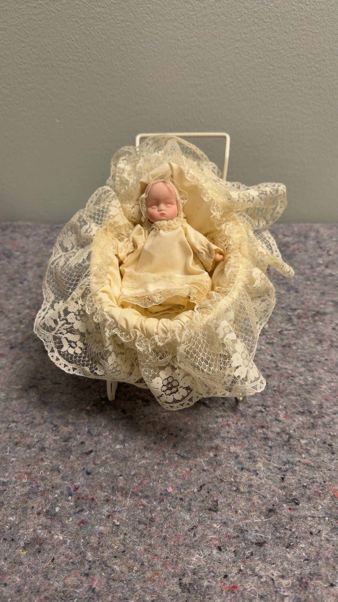 Vintage Porcelain Baby Doll in Lace Cradle - Image 1