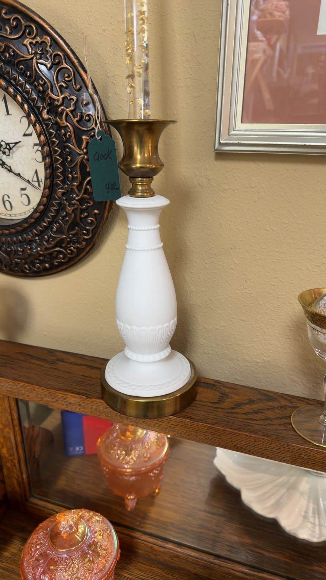 Vintage White and Brass Hurricane Candle Holder - Image 1