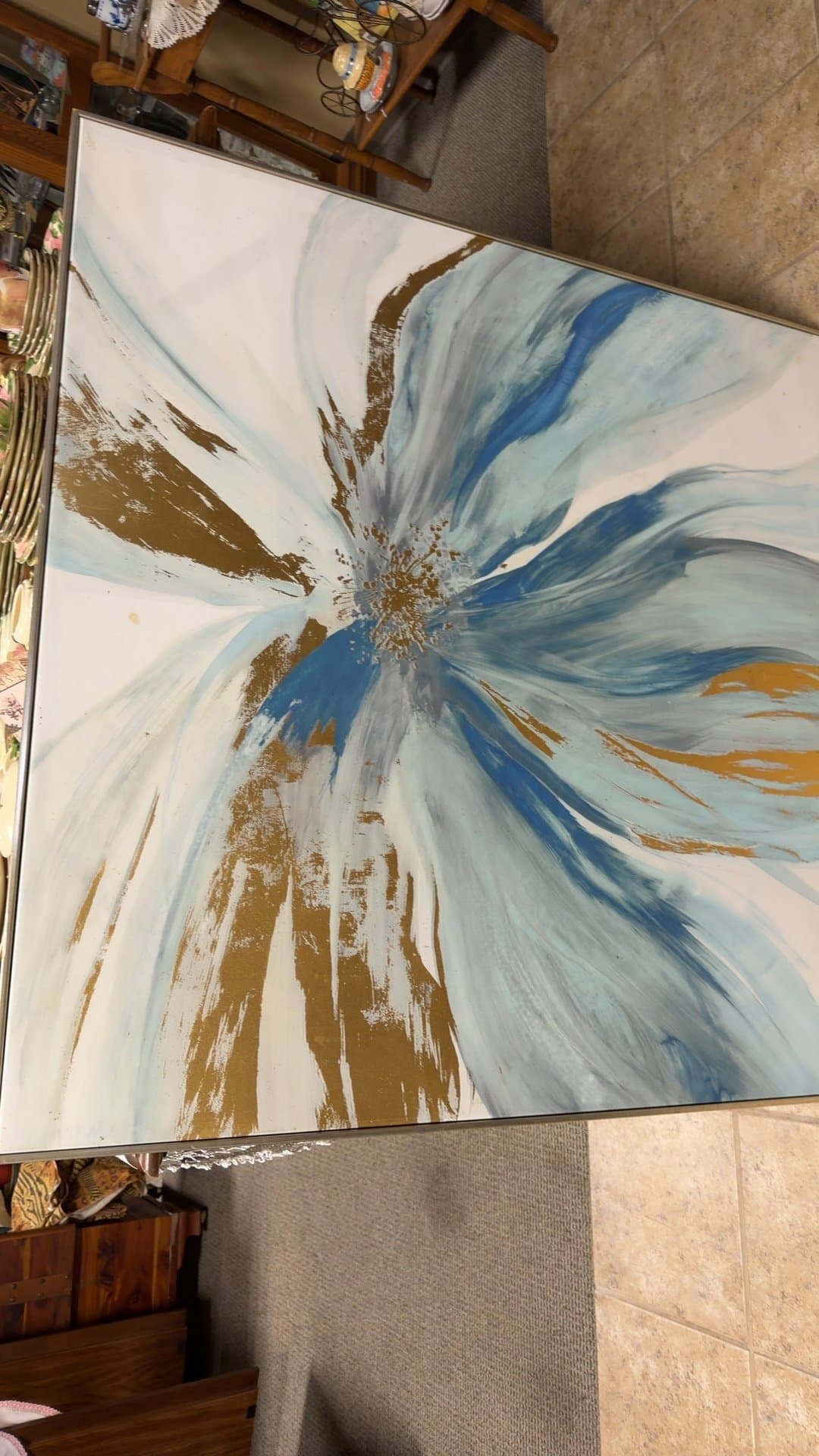 Nanette Lepore Blue and Gold Abstract Floral Framed Canvas Wall Art - Image 1