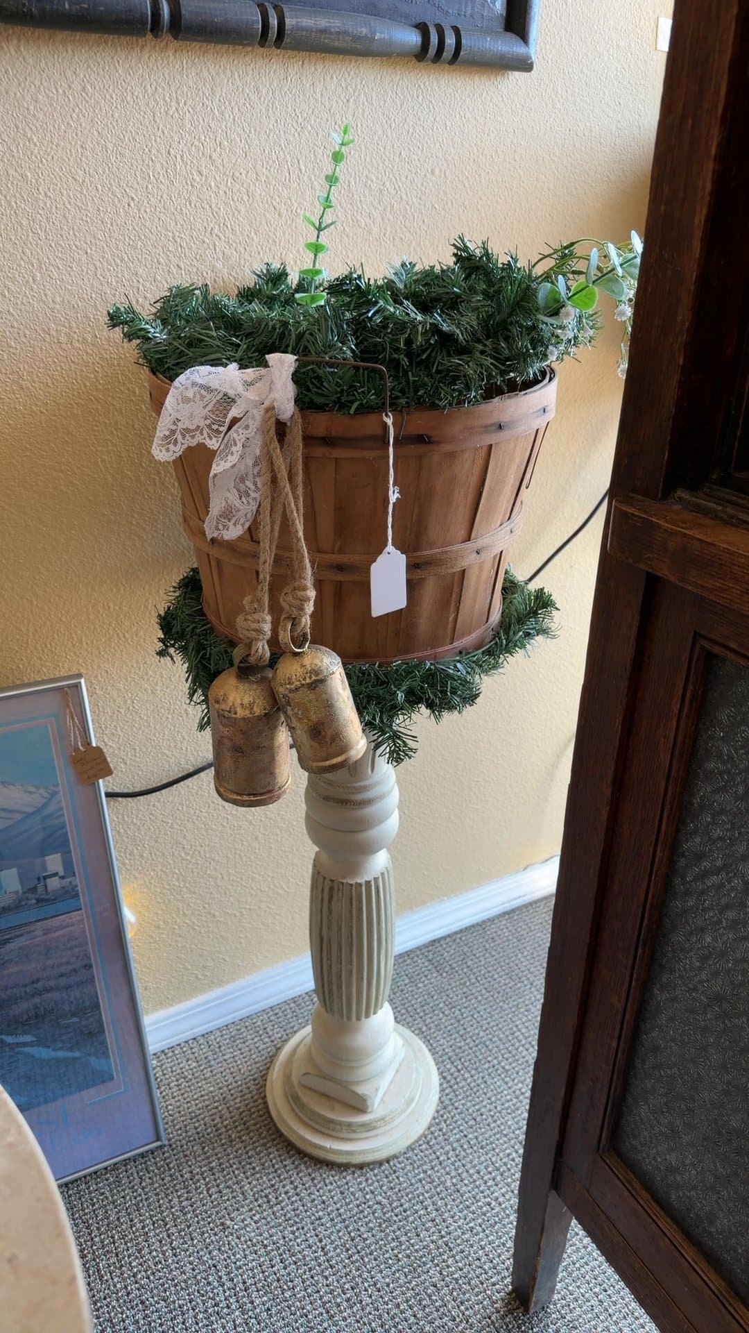 Decorative Pedestal with Basket and Faux Greenery - Image 1