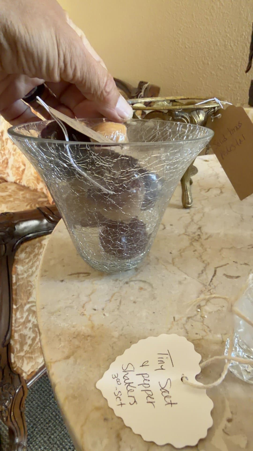 Clear Crackle Glass Trumpet Vase with Solid Brass Pedestal - Image 1