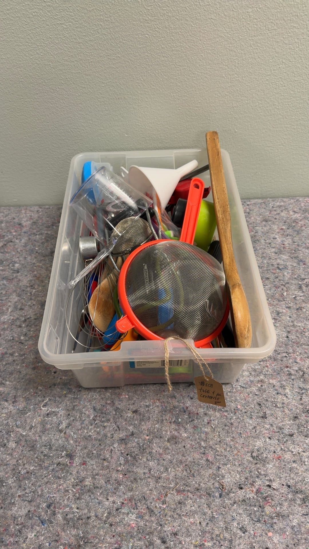 Assorted Kitchen Utensils in Plastic Tote - Image 1