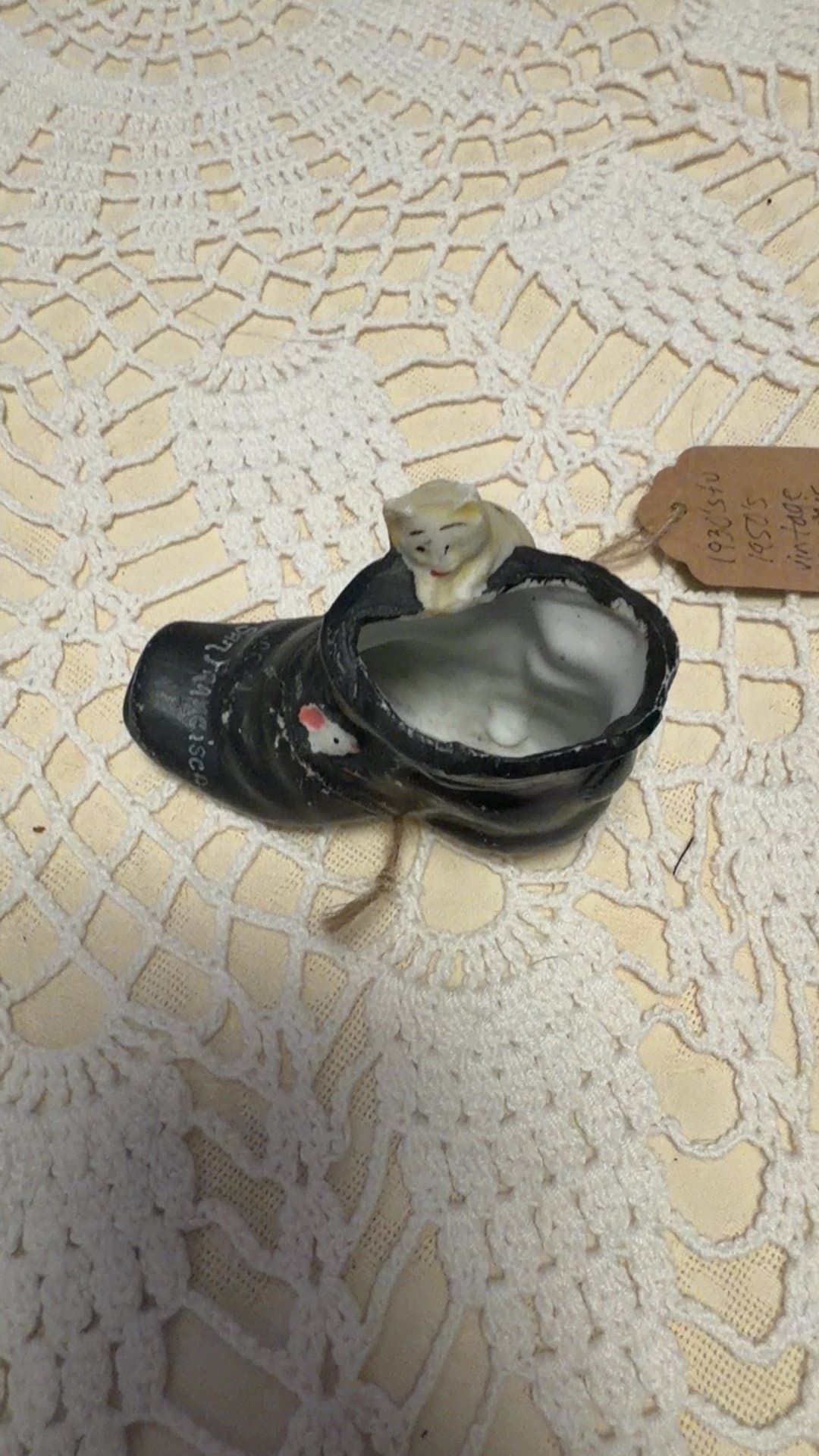 Vintage Ceramic Boot Toothpick Holder with Cat - Image 1