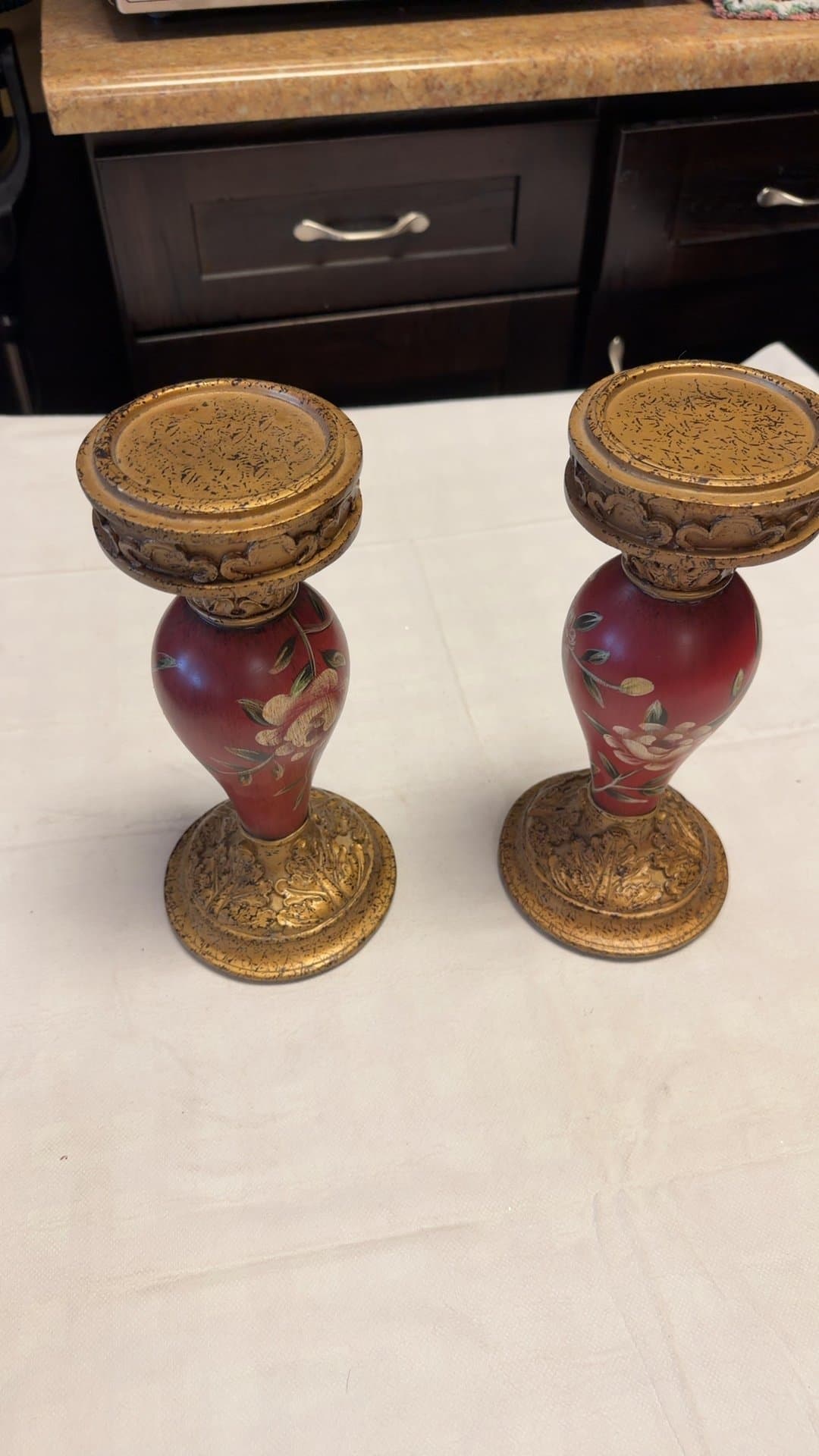 Pair of Hand-Painted Floral Pillar Candle Holders - Image 1