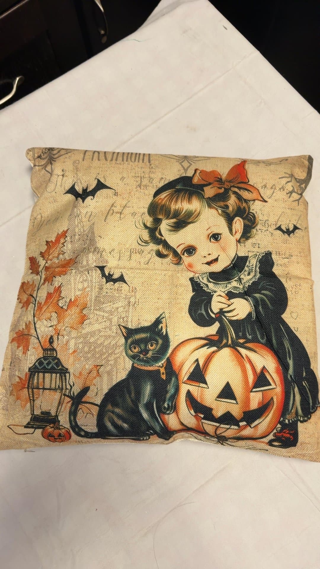 Vintage Style Halloween Girl and Black Cat Throw Pillow Cover - Image 1