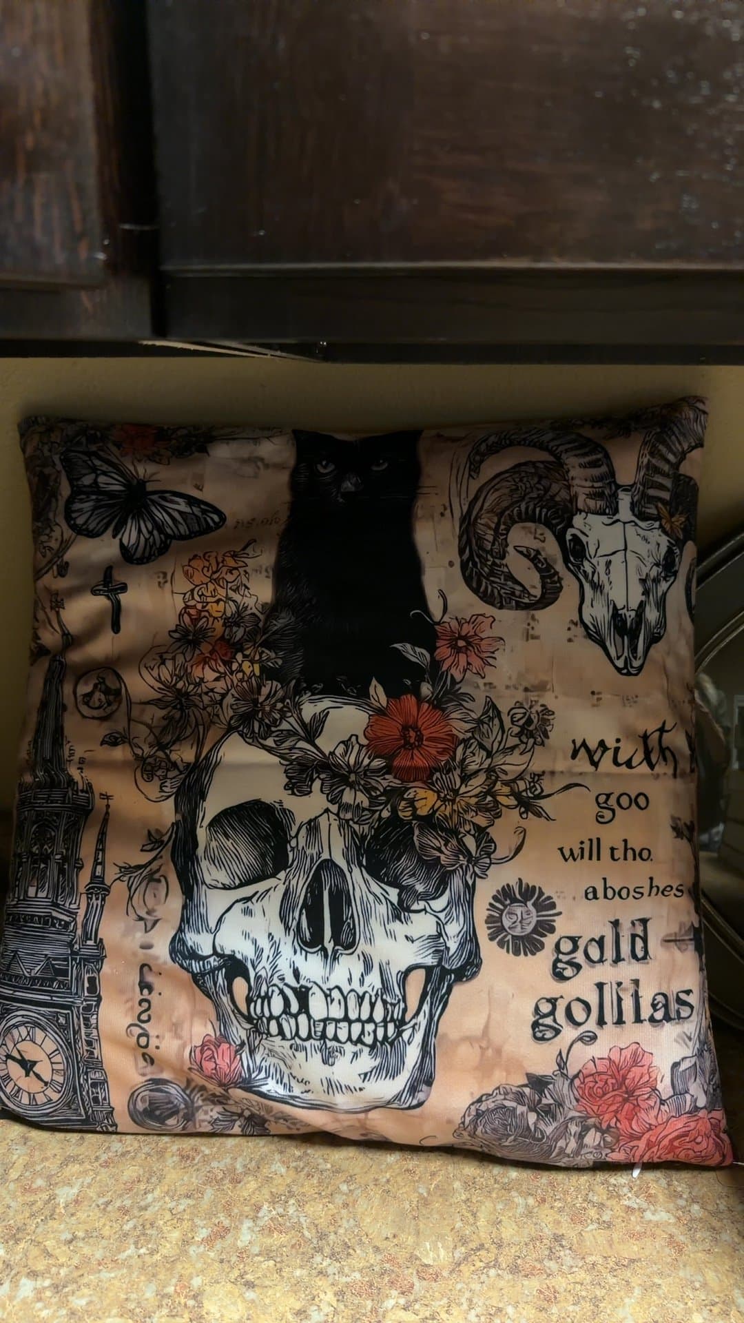 Gothic Skull and Cat Decorative Cushion - Image 1