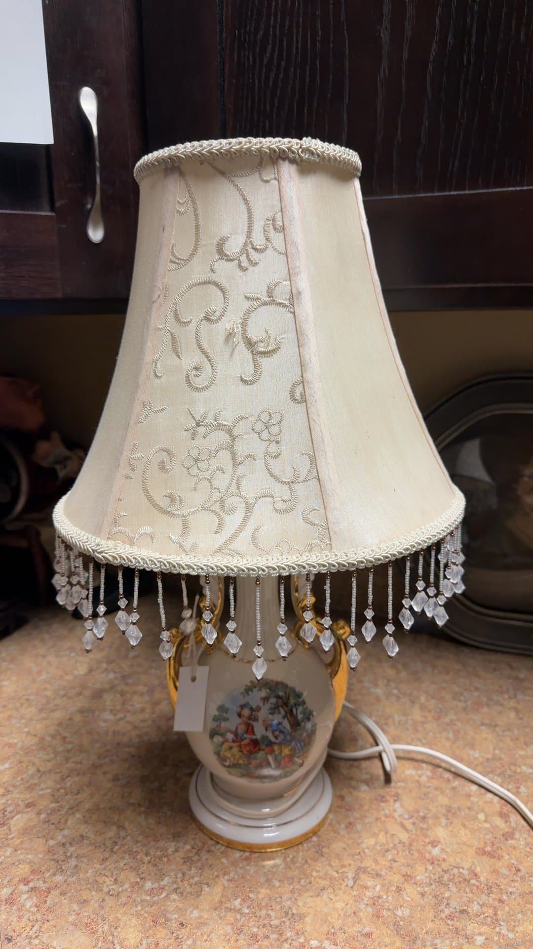 Vintage Porcelain Table Lamp with Embroidered Shade - Image 1