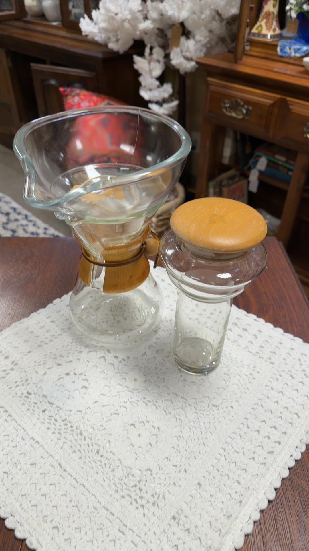 Glass Coffee Maker with Wooden Collar and Glass Jar - Image 1