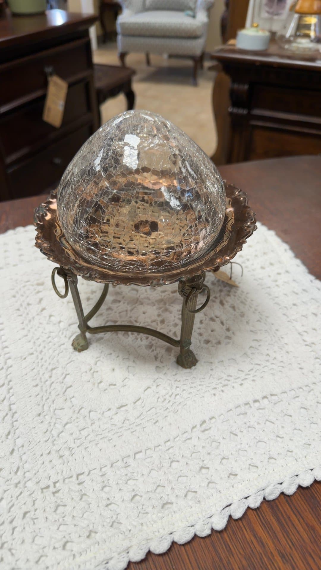 Antique Brass and Copper Tray with Crackle Glass Dome - Image 1