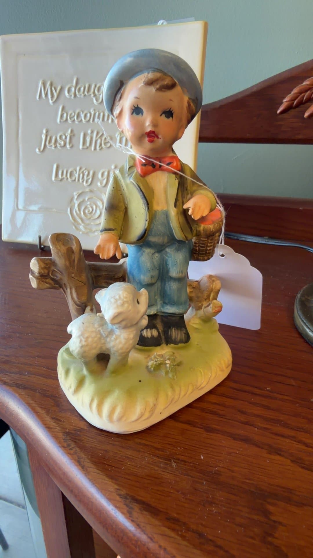 Vintage Hand-Painted Porcelain Figurine of Boy with Lambs - Image 1