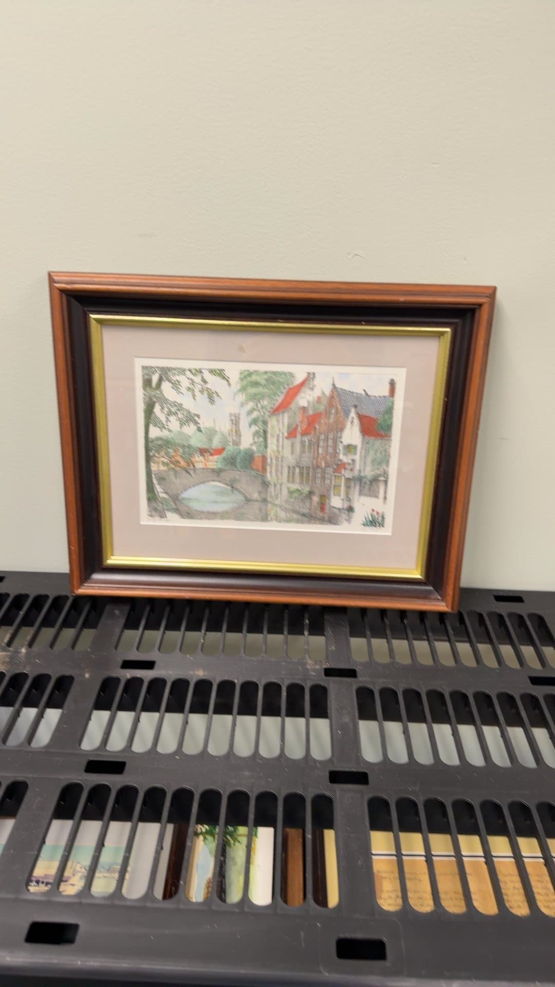 Framed Watercolor Print of European Canal Scene - Image 1