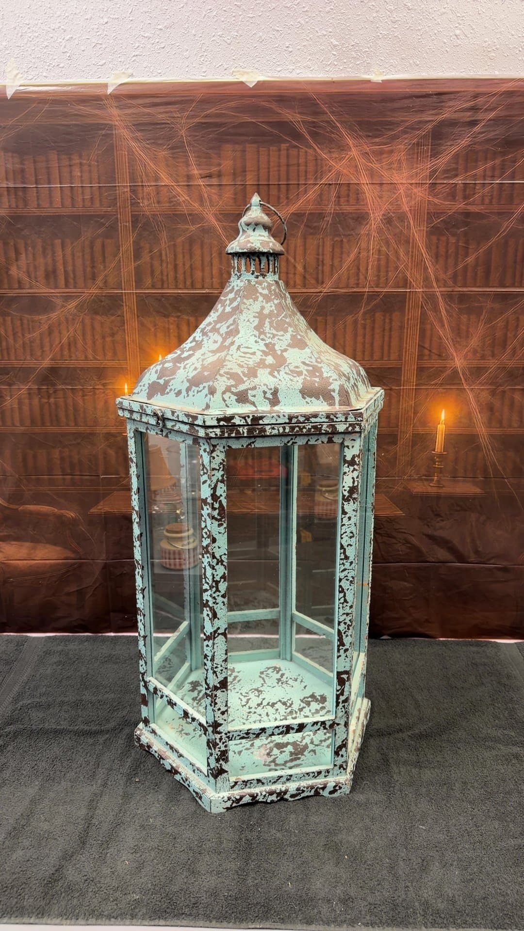 Distressed Light Blue Metal Hexagonal Candle Lantern - Image 1