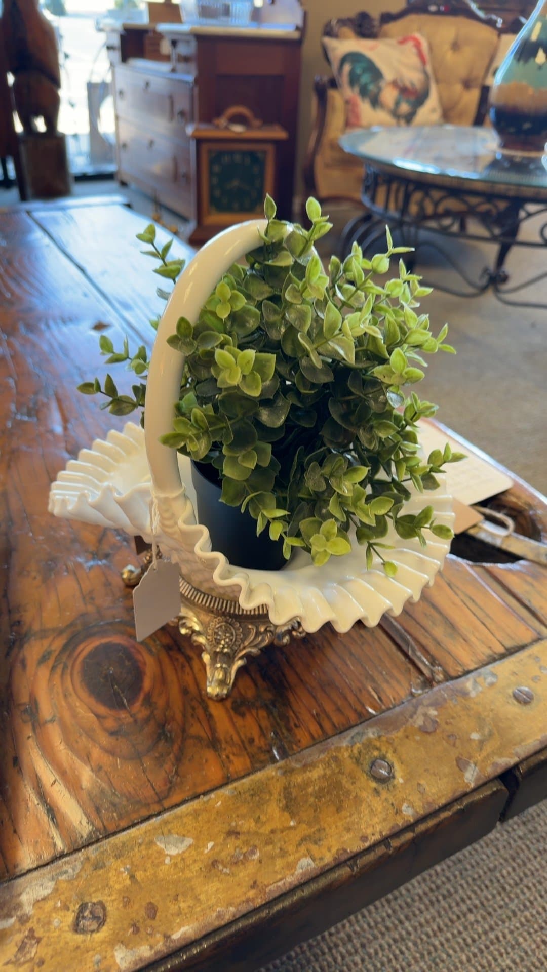 Vintage Milk Glass Hobnail Ruffled Basket - Image 1