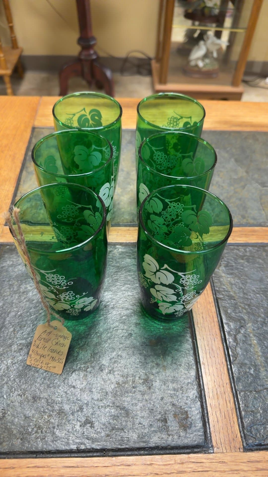 Vintage Forest Green Glasses with White Leaf and Grape Design - Image 1