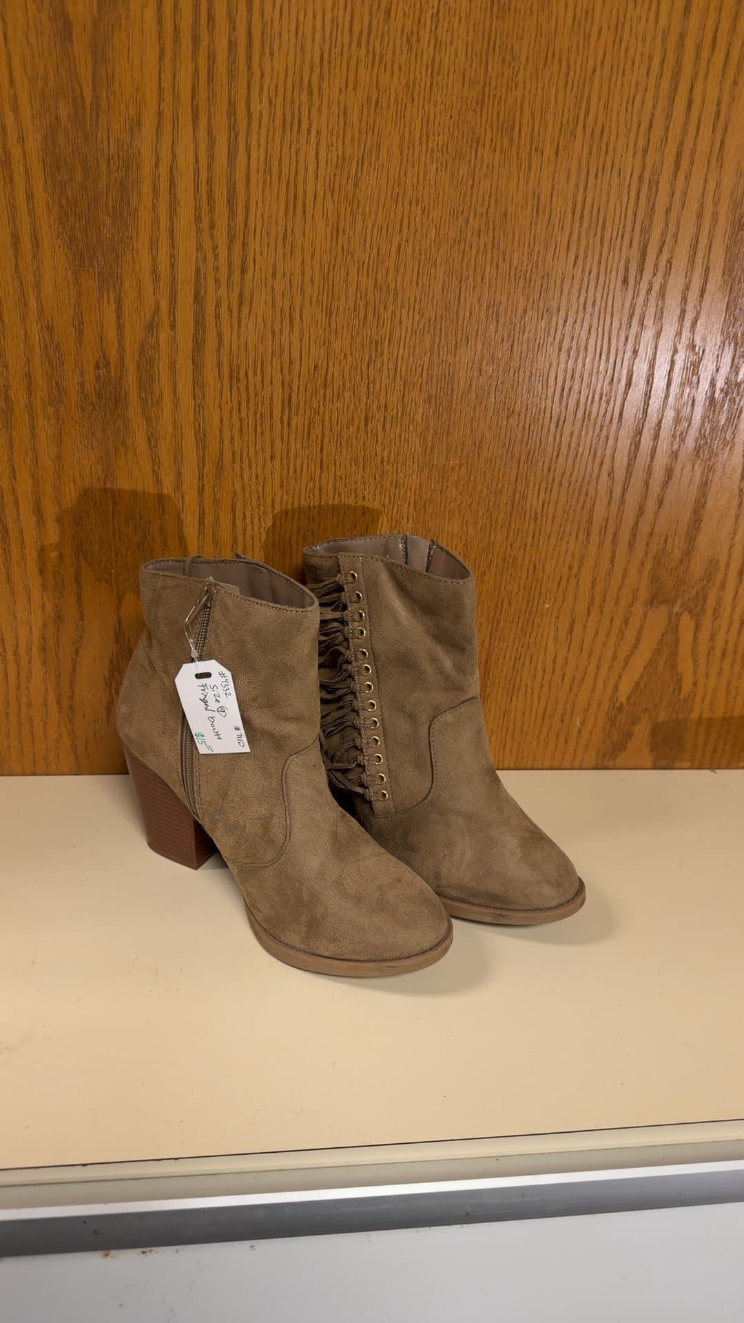 Women's Taupe Faux Suede Fringe Ankle Booties - Image 1