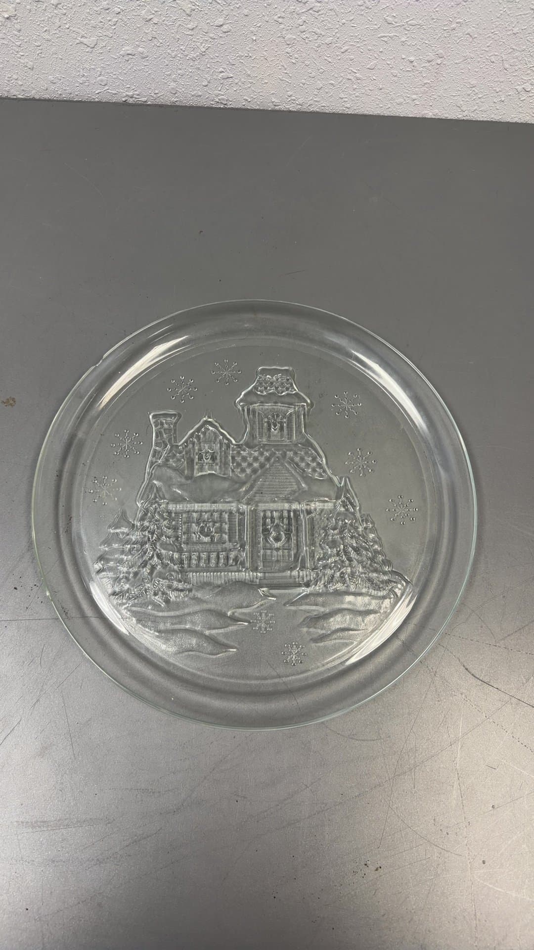 Vintage Clear Pressed Glass Christmas Winter House Serving Platter - Image 1