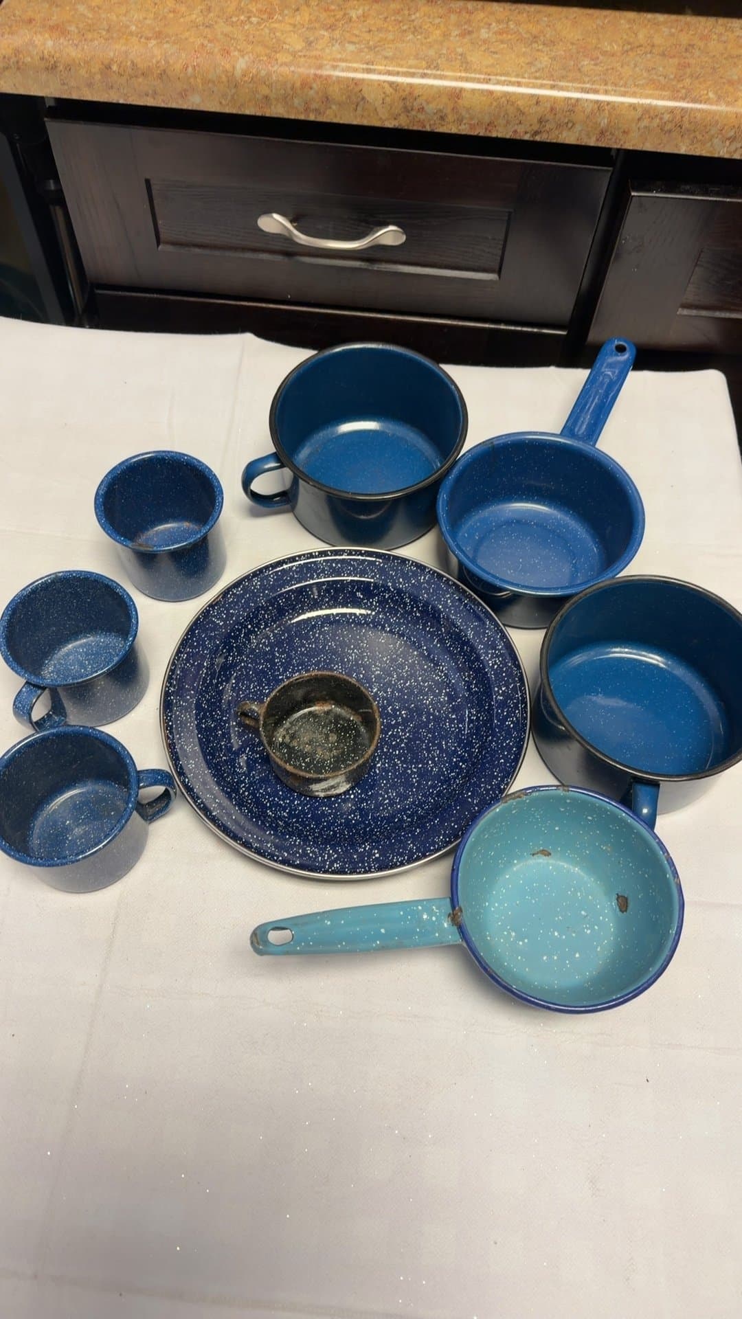 Vintage Blue Graniteware Camping Cookware and Dinnerware Set - Image 1