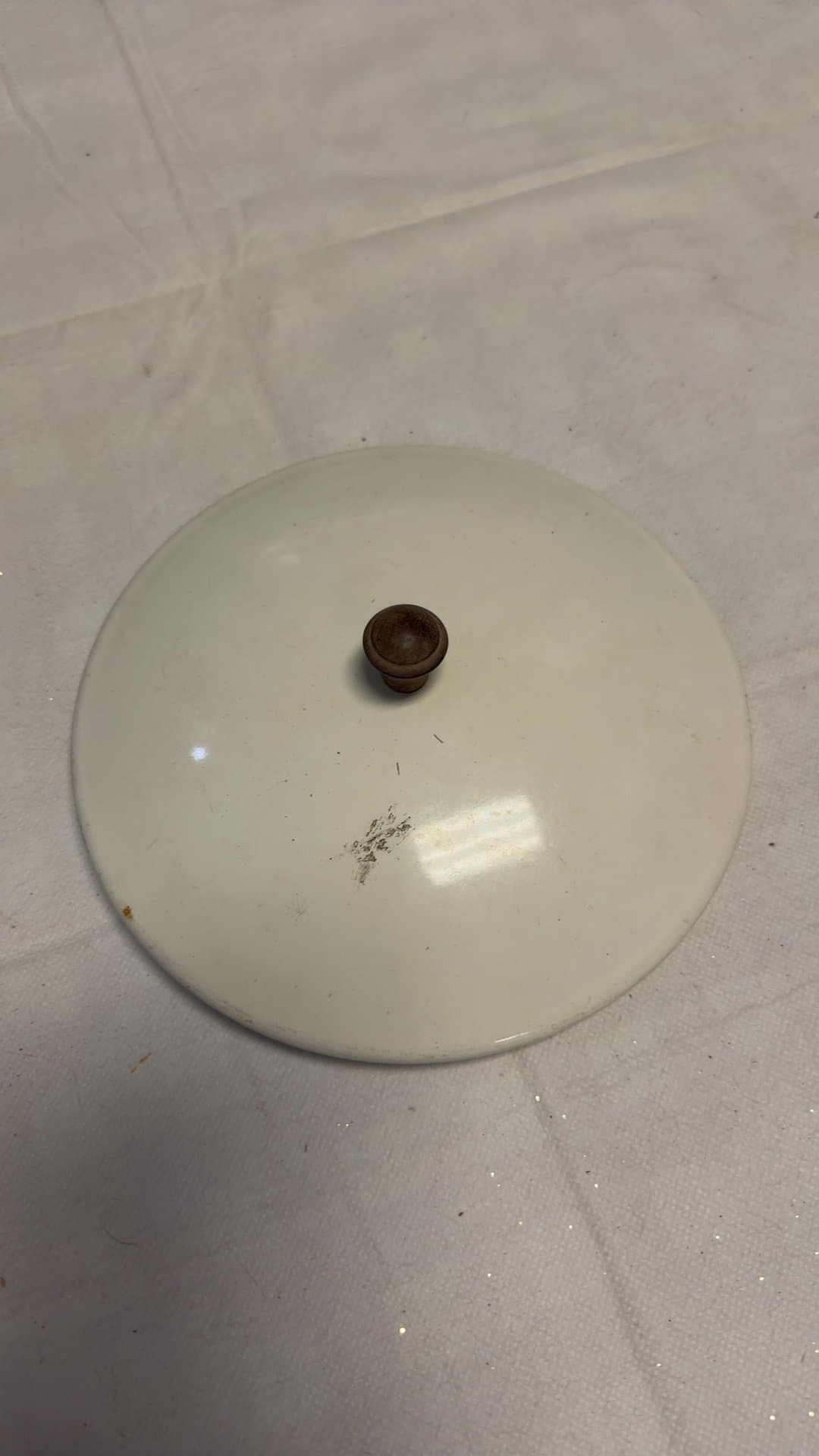Vintage Enamelware Pot Lid with Wooden Knob - Image 1