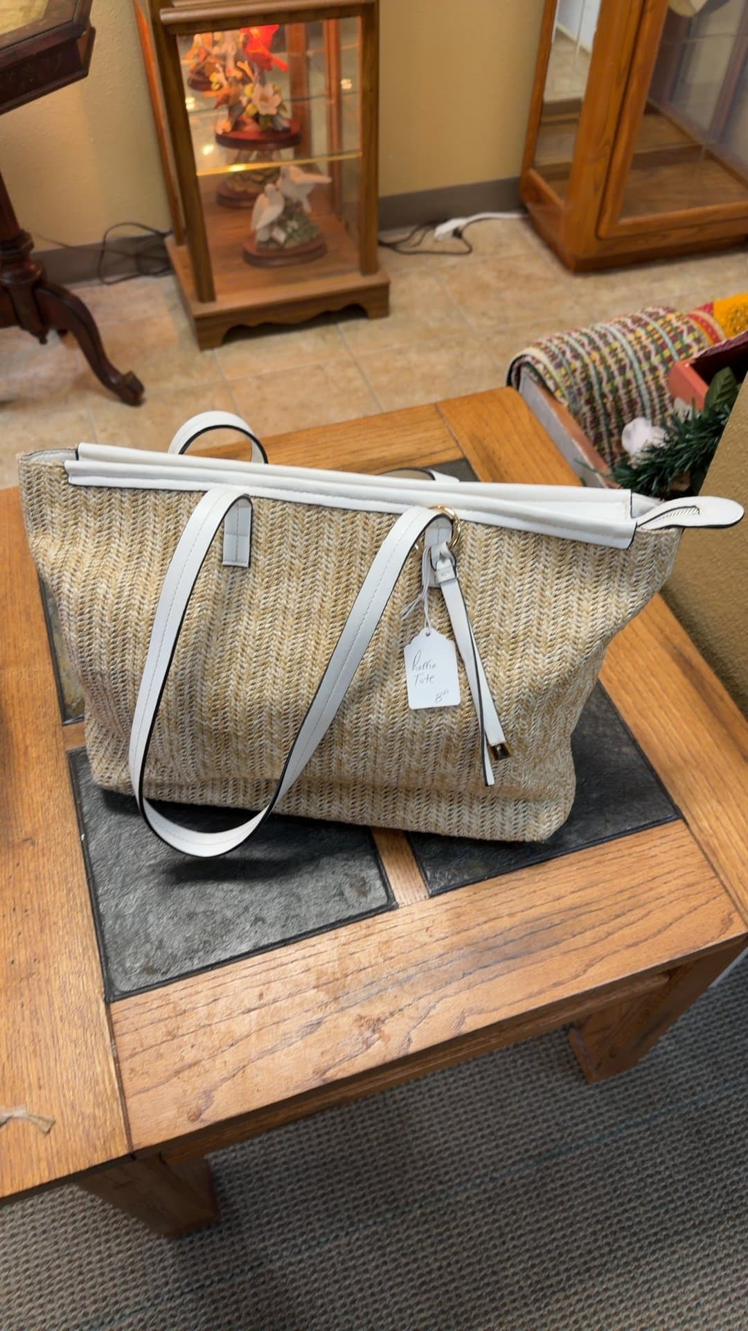 Woven Tote Bag with White Straps - Image 1