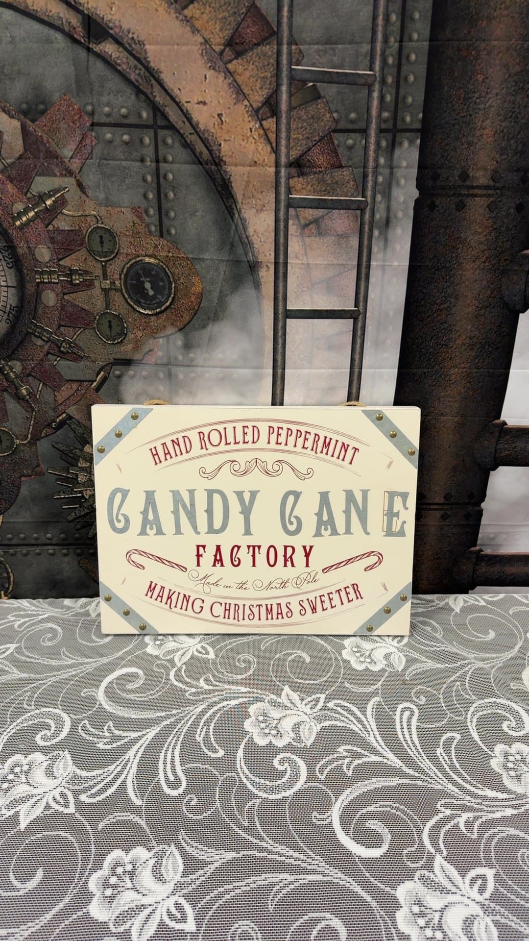 Holiday Home Candy Cane Factory Christmas Wooden Wall Sign - Image 1