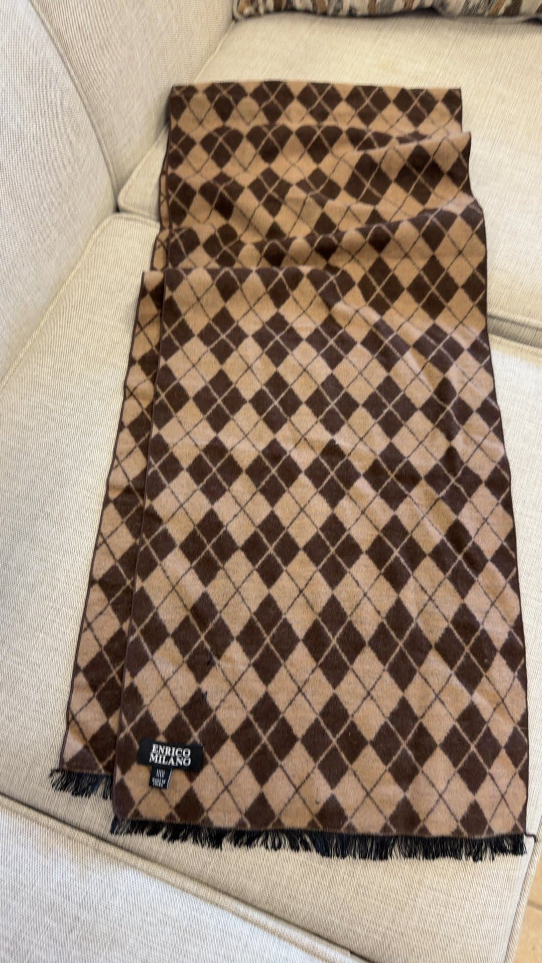 Enrico Milano 100% Silk Argyle Fringe Scarf - Image 1