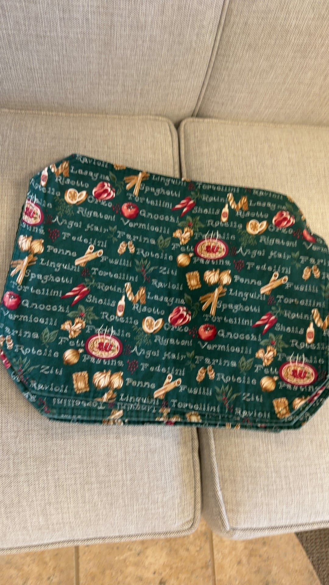 Italian Pasta Motif Quilted Fabric Placemats Set of 4 - Image 1
