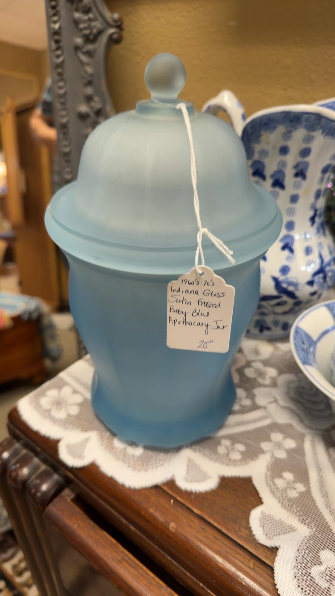 1960s-70s Indiana Glass Satin Frosted Baby Blue Apothecary Jar - Image 1