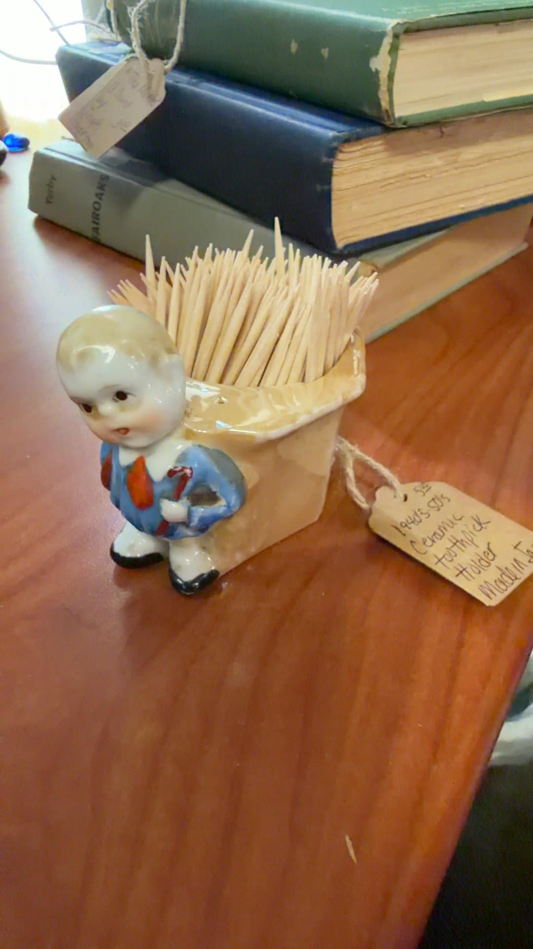 1940s-50s Ceramic Toothpick Holder with Figurine - Image 1