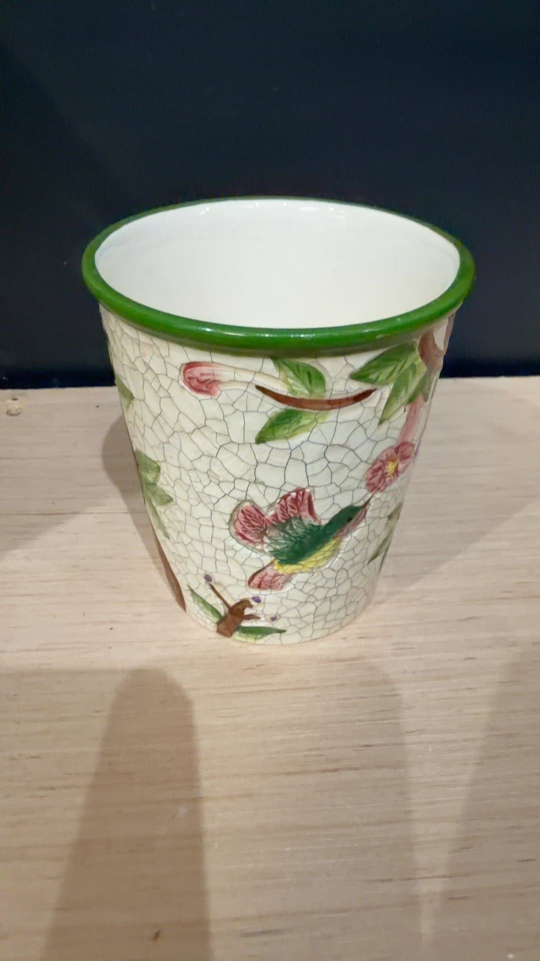 Ceramic Crackle Glaze Floral Hummingbird Planter Cup - Image 1