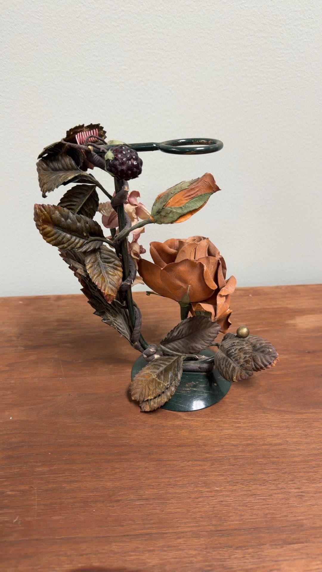 Metal Floral Figurine with Rose and Leaves - Image 1