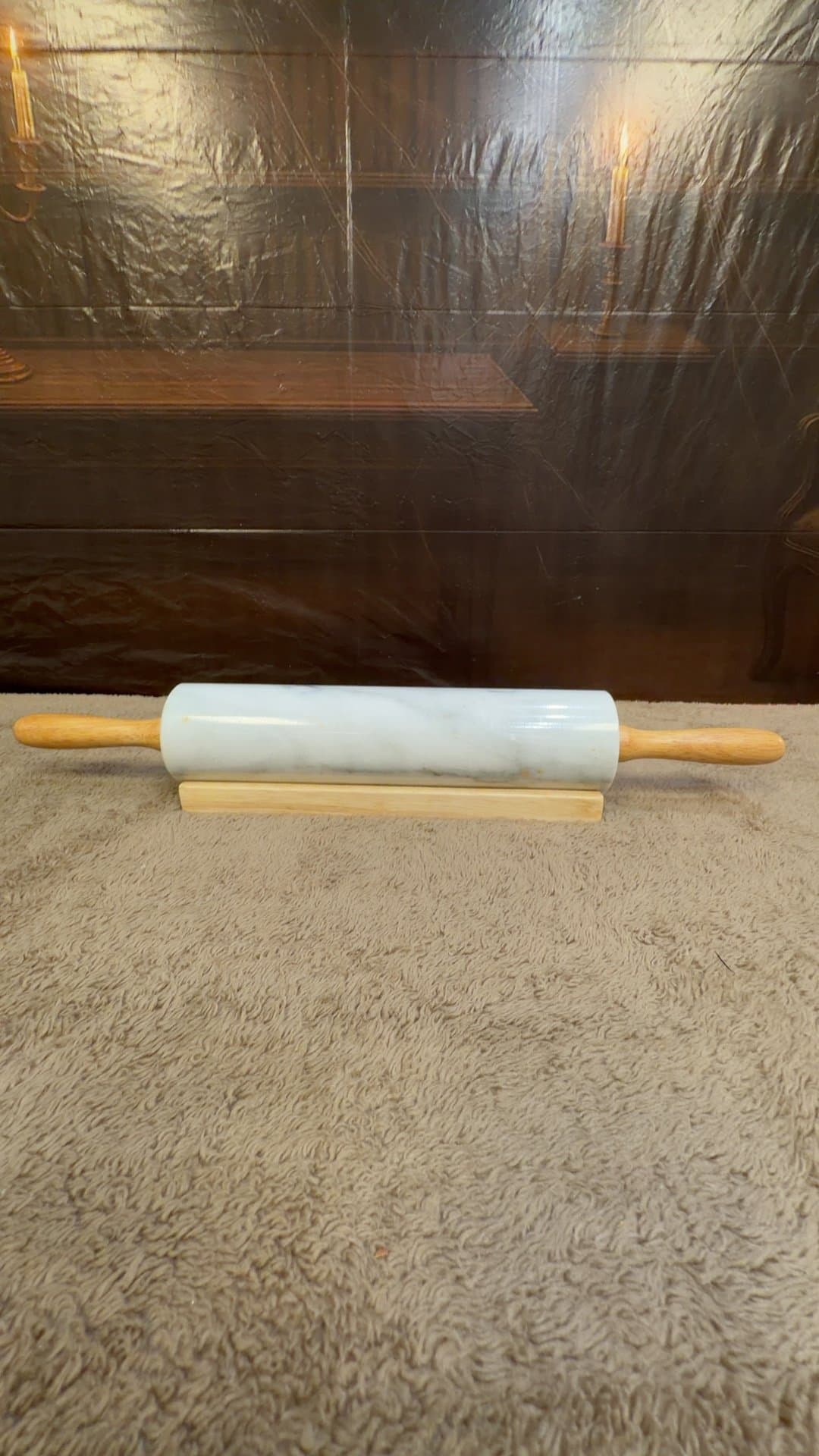 White Marble Rolling Pin with Wooden Handles and Wooden Base - Image 1