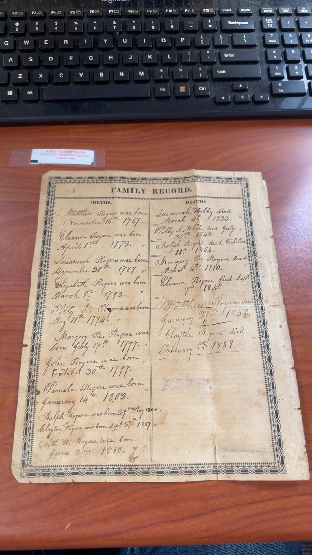 Antique Family Record Document - Image 1